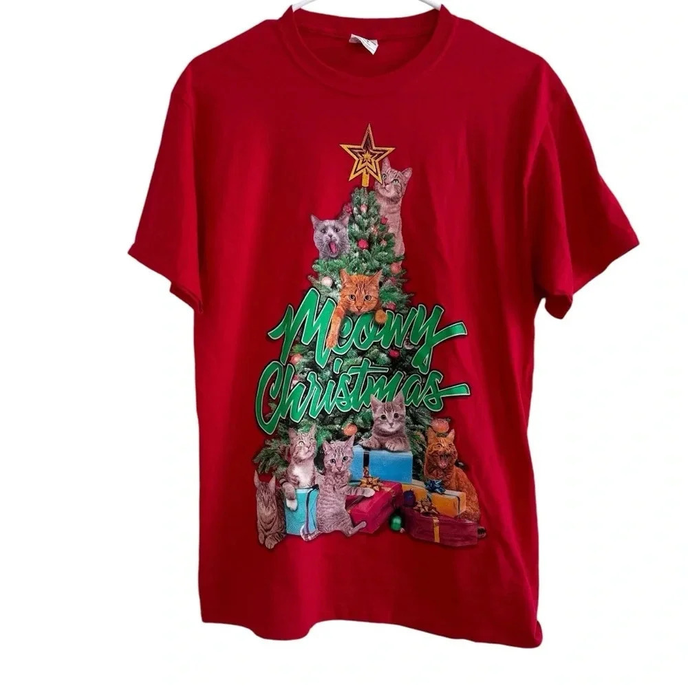 Dec 25th Cats Kittens Meowy Christmas Top Tee Short Sleeve Red Green Graphic M